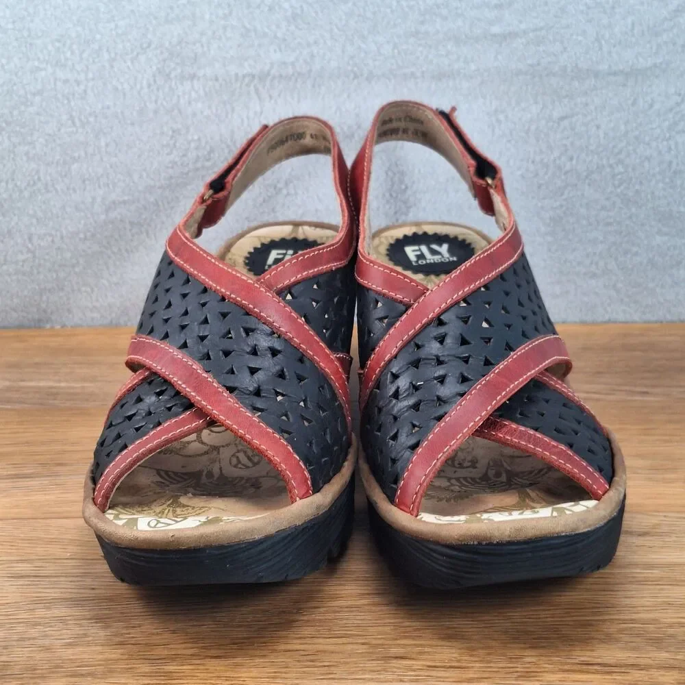 Fly London Ynes Women's 10.5 EU 41 Perforated Leather Wedge Sandals Black Red
